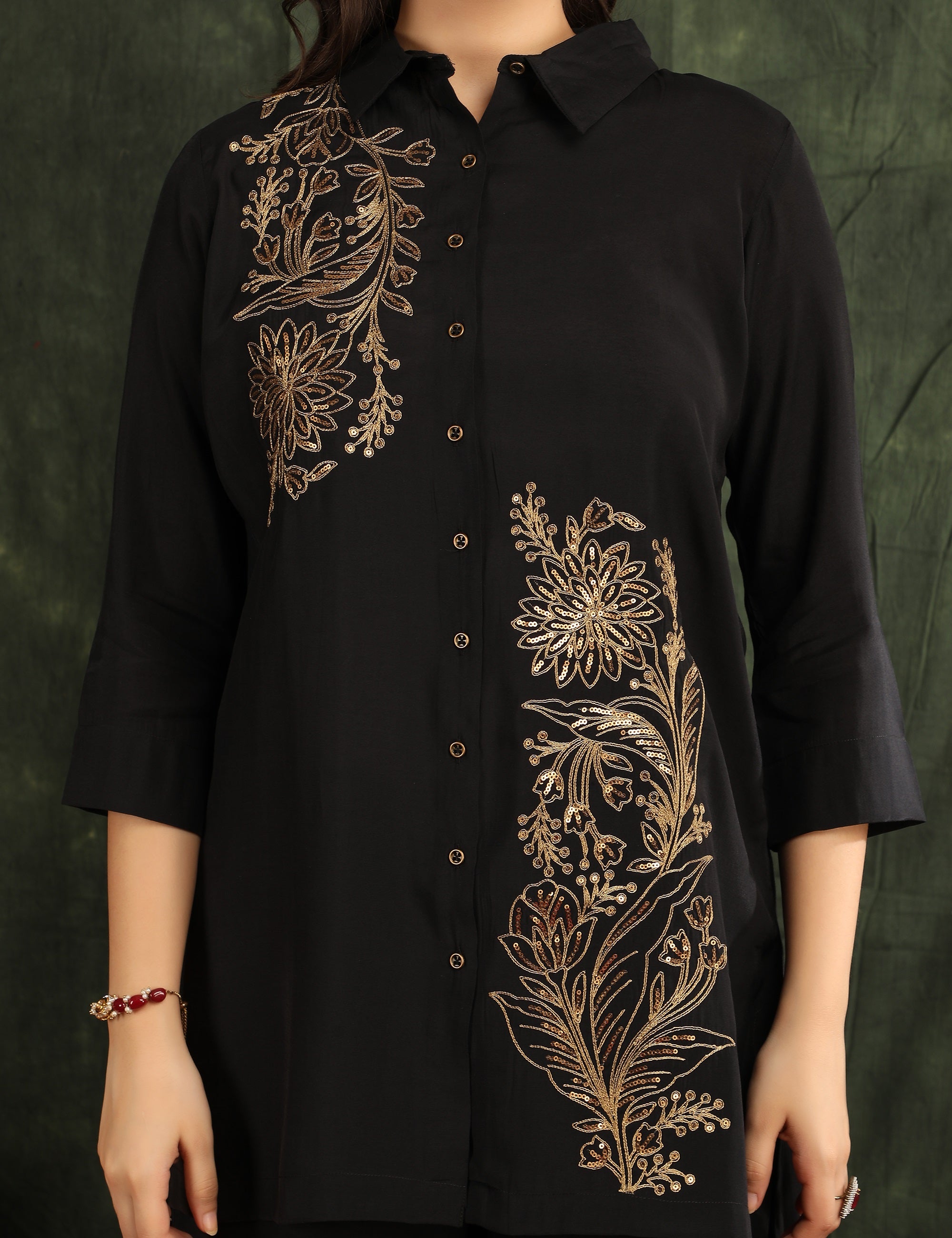 Bani Women Black & Gold Floral Embroidered Co-ord Set